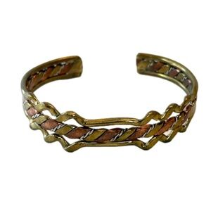 Brass Copper Silver Tone Artisan Made Brutalist Cuff Bracelet